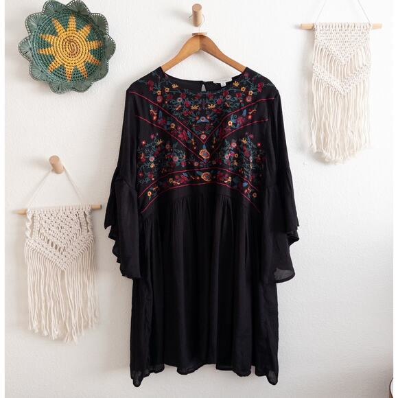 Umgee Plus Boho Embroidered Floral Black Long Tunic, Size 2XL - Picture 1 of 7